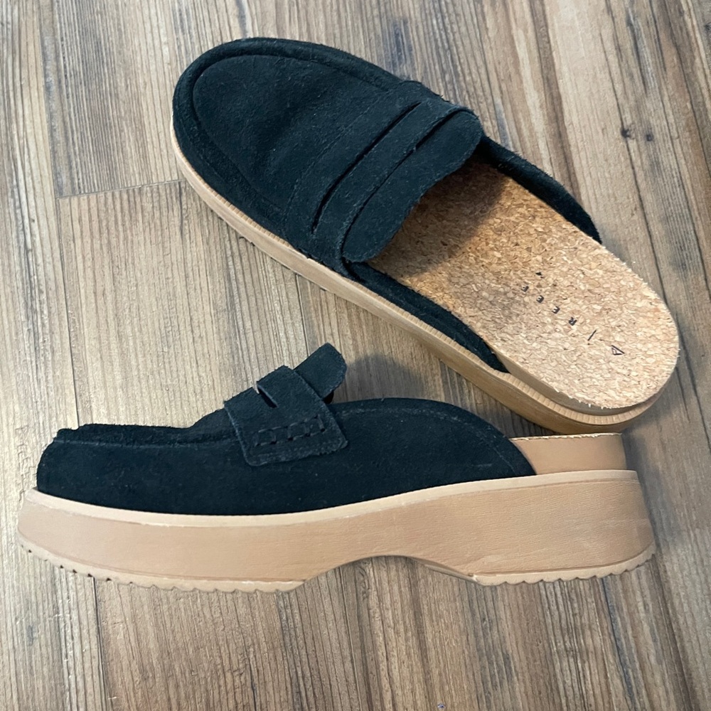 Reef Black Suede Platform Mule Clogs with Tan Sole